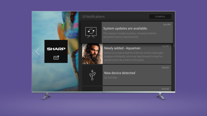 SHARP TV smart notification panel.