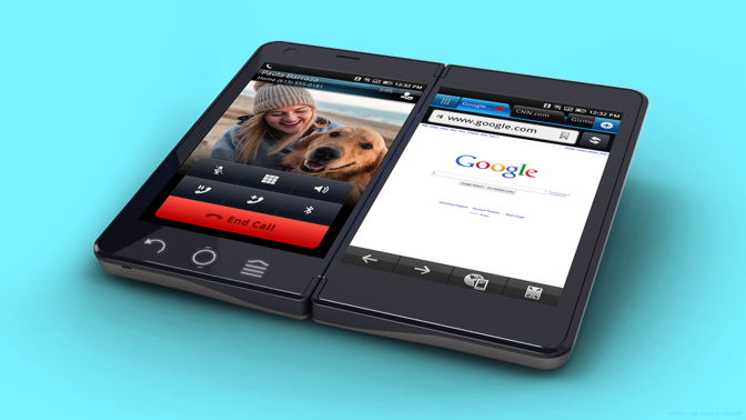 Image of an IMERJ Dual Screen Phone running Phone App & Browser App